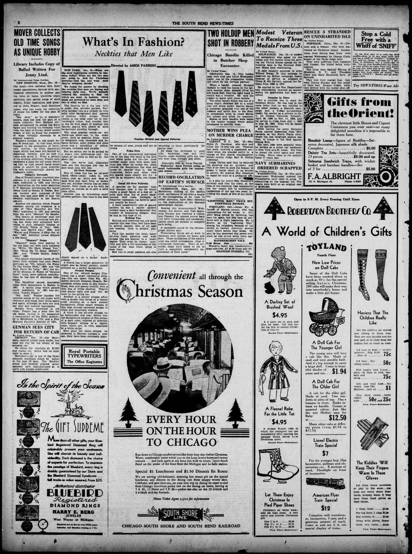 Page 2 of the South Bend News-Times, 19 December 1930, with the short item Gunman Sues City for Return of Car in the lower left column