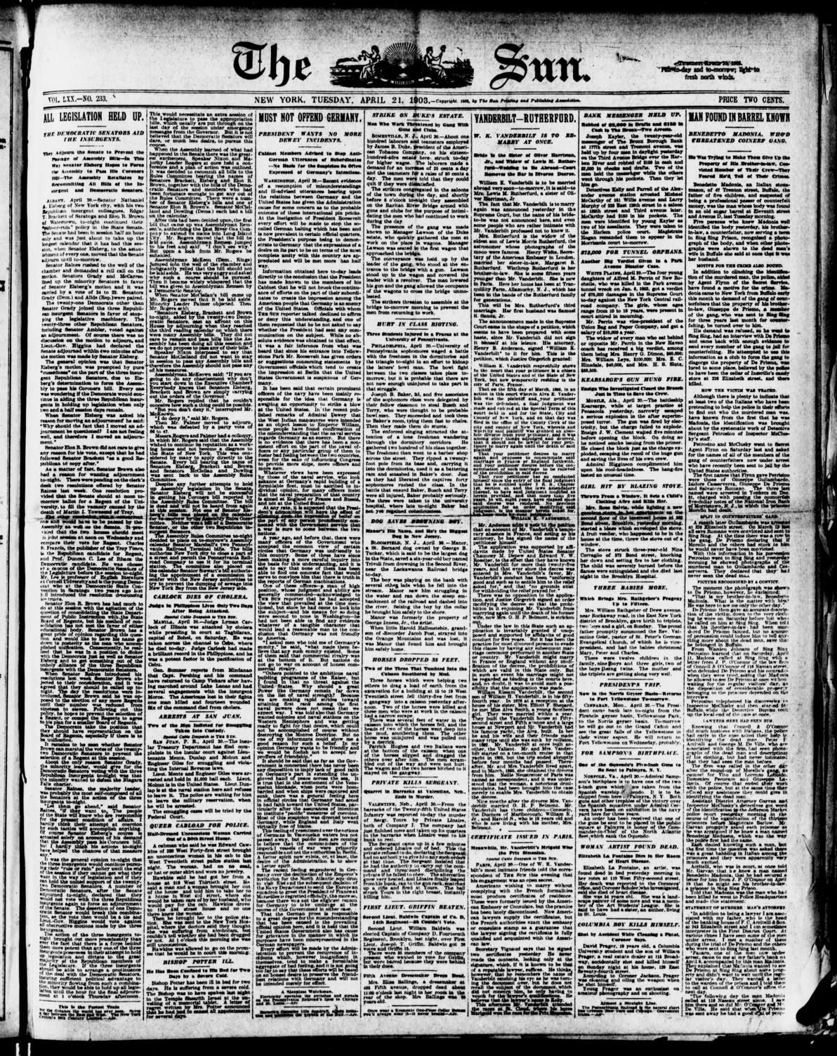 Front page of the Sun, New York, 21 April 1903; the barrel story runs in the right-hand column under the headline 'Man Found in Barrel Known'.
