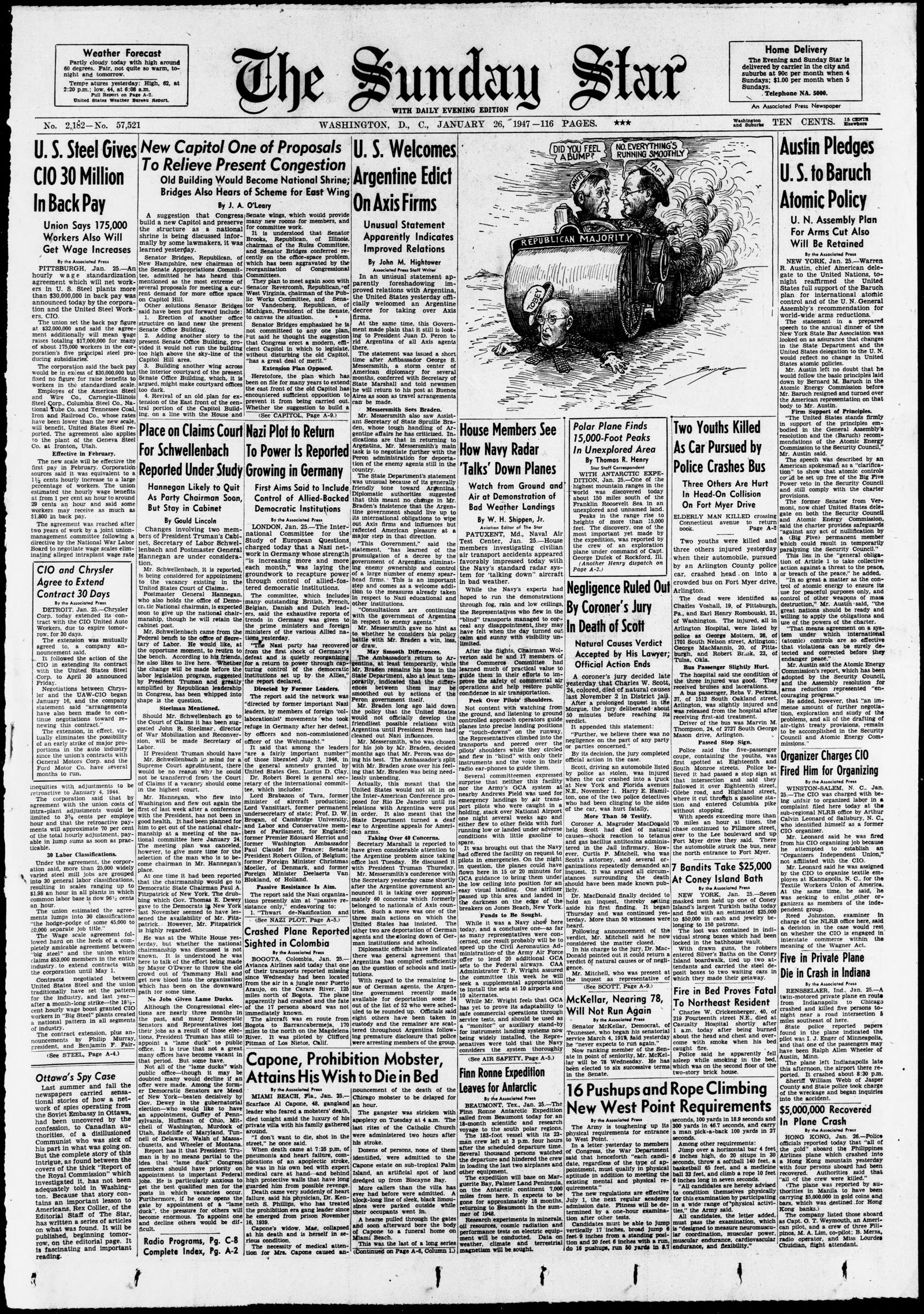 Front page of The Sunday Star, Washington, D.C., 26 January 1947