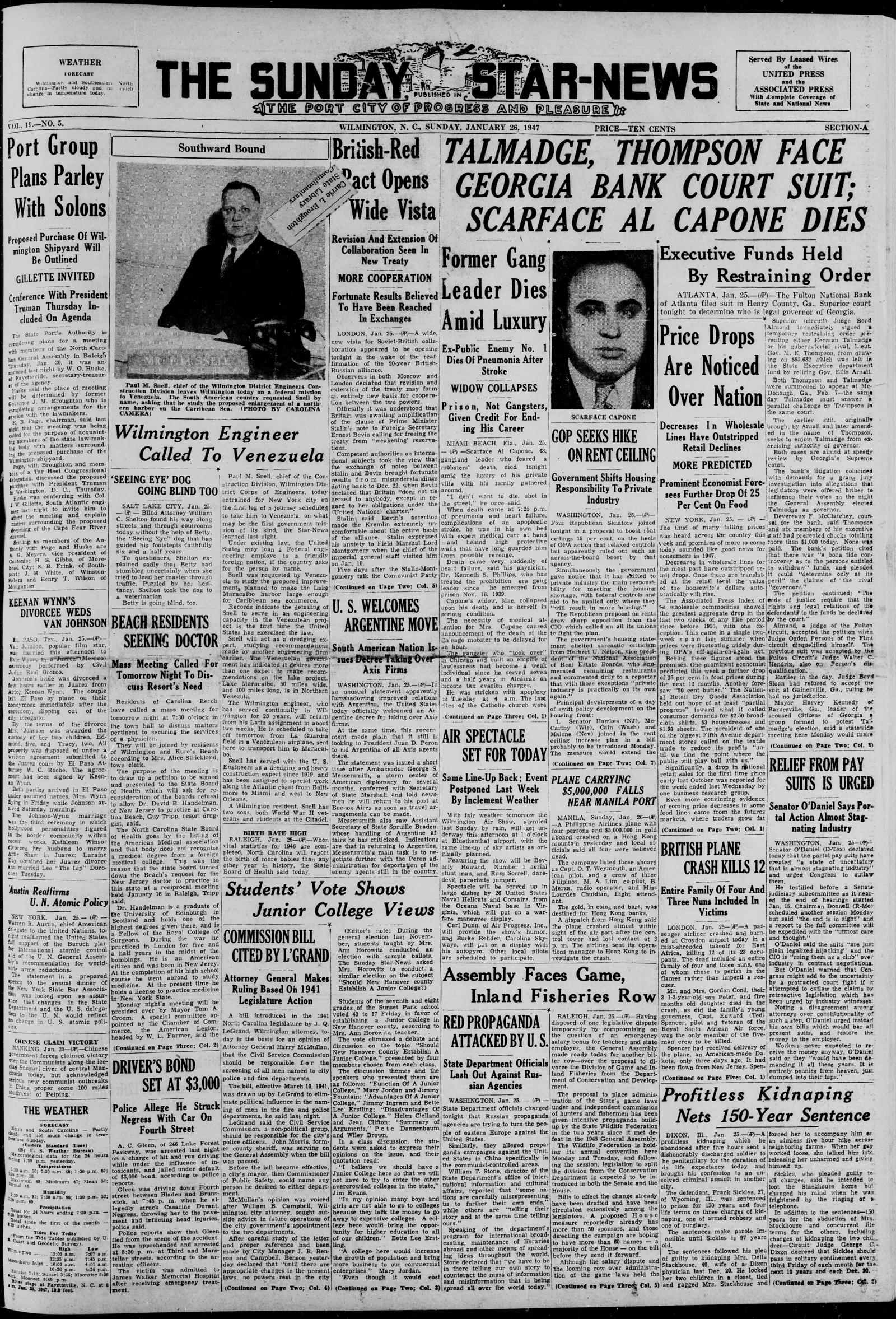 Front page of The Sunday Star-News, Wilmington, North Carolina, 26 January 1947