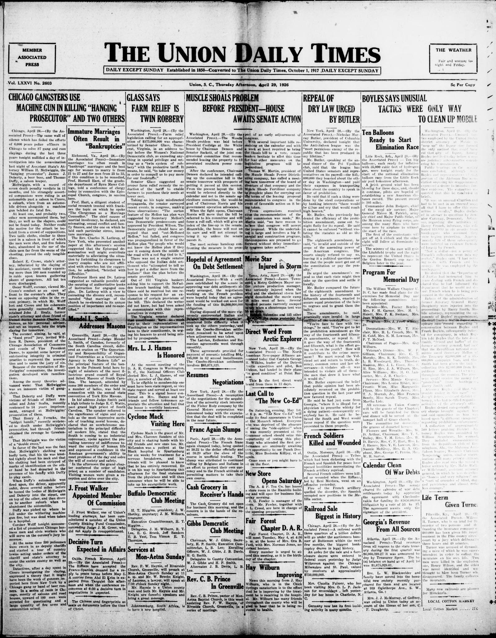 Front page of the Union Daily Times, Union, South Carolina, 29 April 1926