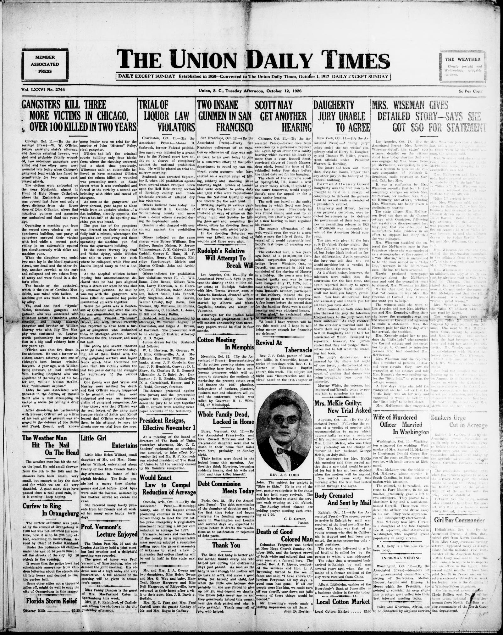 Front page of the Union Daily Times, Union, South Carolina, 12 October 1926