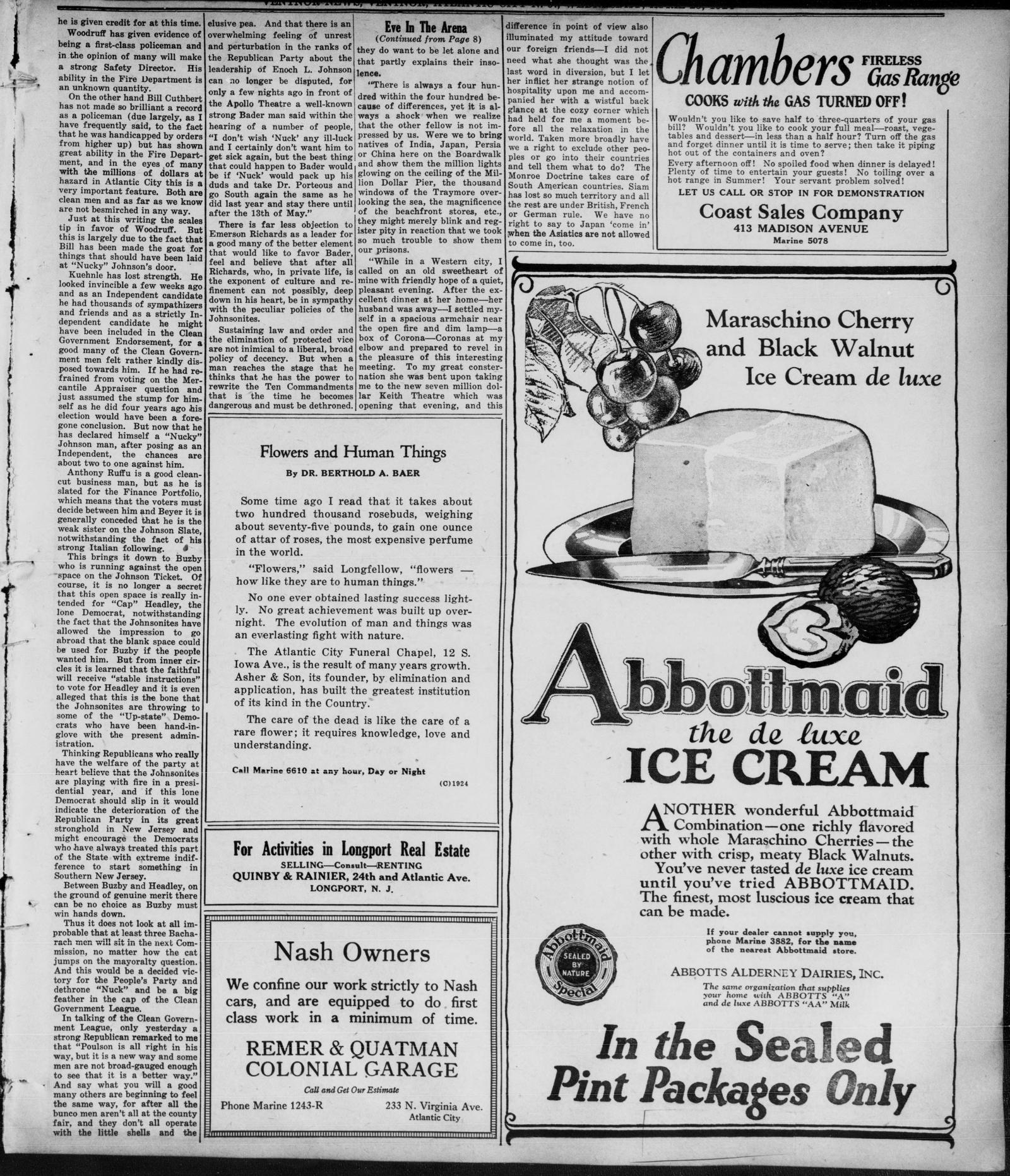 Page 31 of the Ventnor News, 23 April 1924: two columns of political commentary at left, a column headed Eve In The Arena, a short piece Flowers and Human Things, and large advertisements for a gas range and Abbottmaid ice cream.