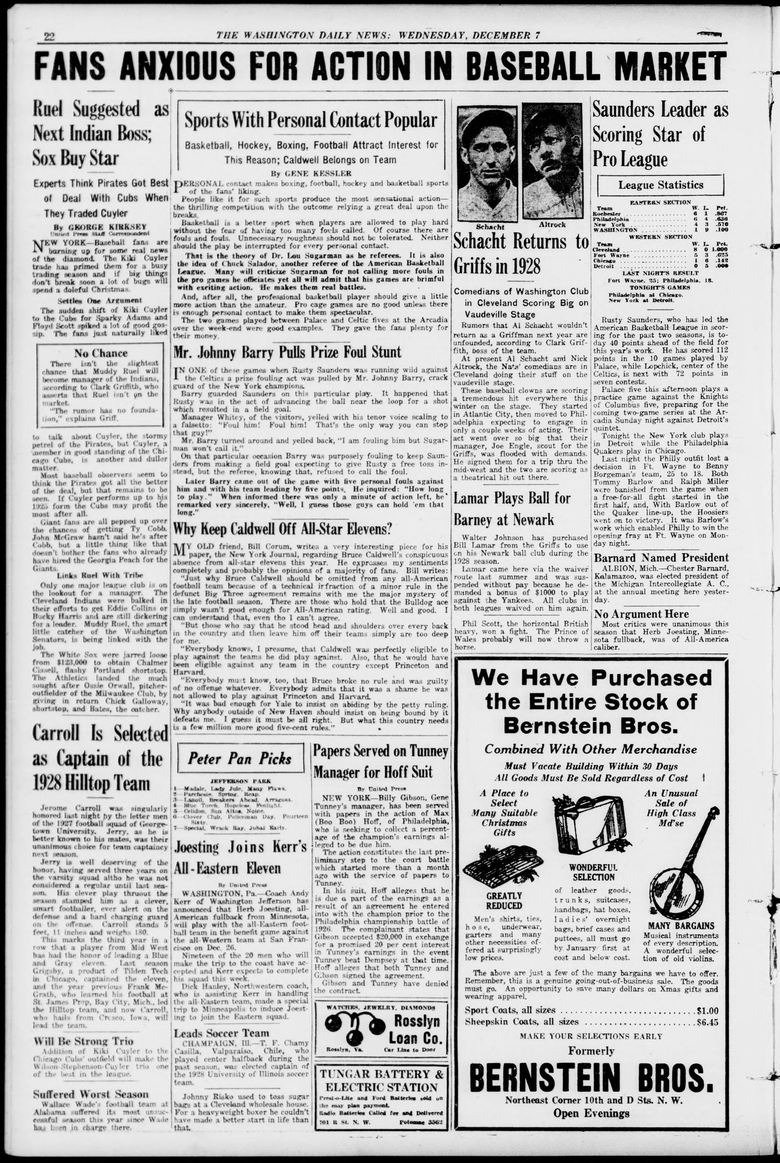 Sports page of the Washington Daily News, 7 December 1927, headed "Fans anxious for action in baseball market," with photographs of ballplayers and a furniture advertisement