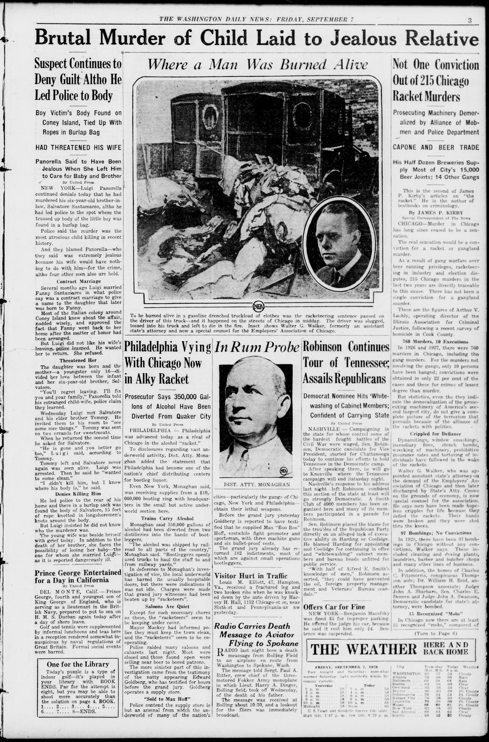 Page 3 of the Washington Daily News, 7 September 1928, with a photograph of a burned truck and an inset portrait at top, and a photograph of the Philadelphia district attorney beside the alcohol story