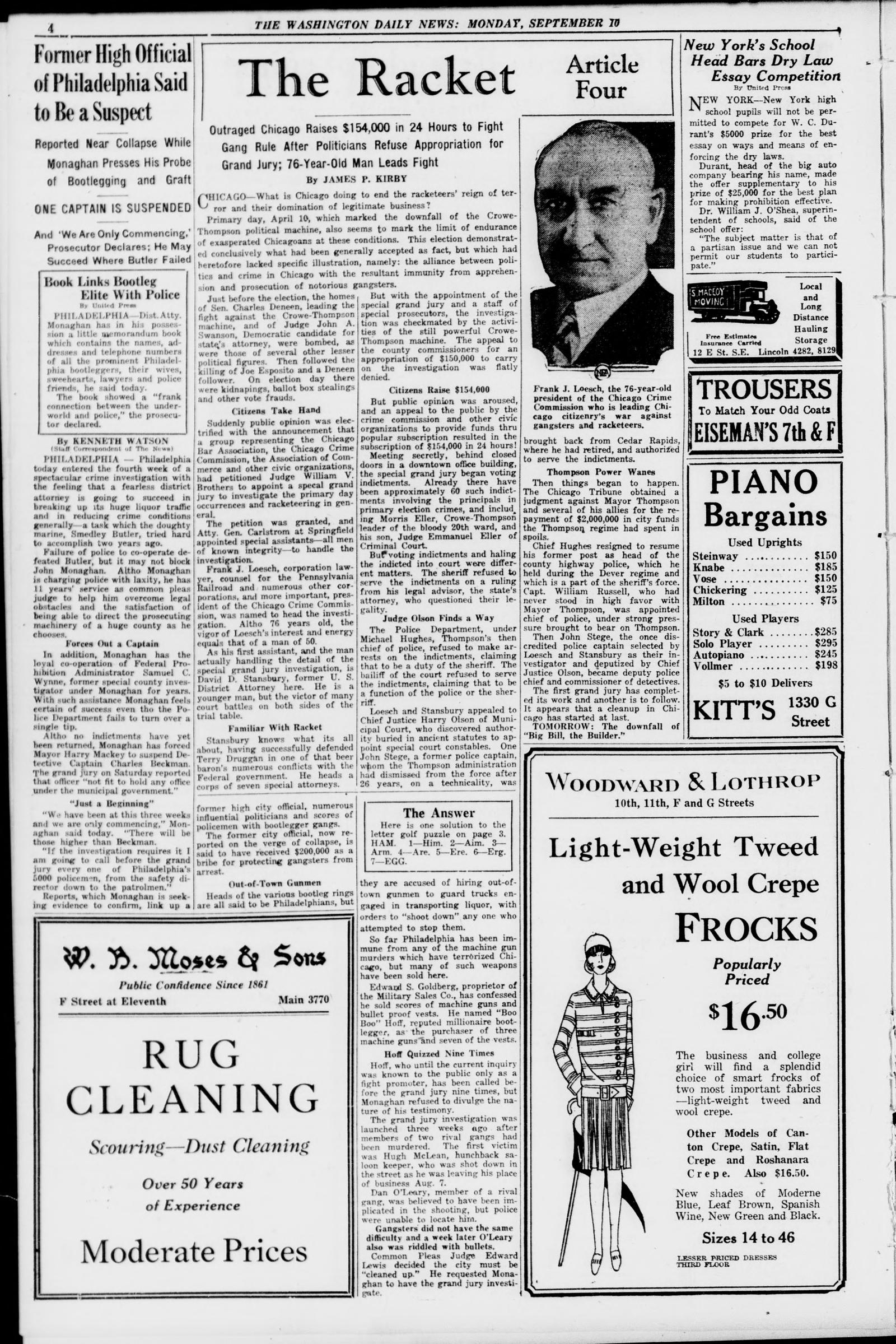 Page 4 of the Washington Daily News, 10 September 1928, with a "The Racket, Article Four" feature and a portrait at top and department-store and rug-cleaning advertisements below