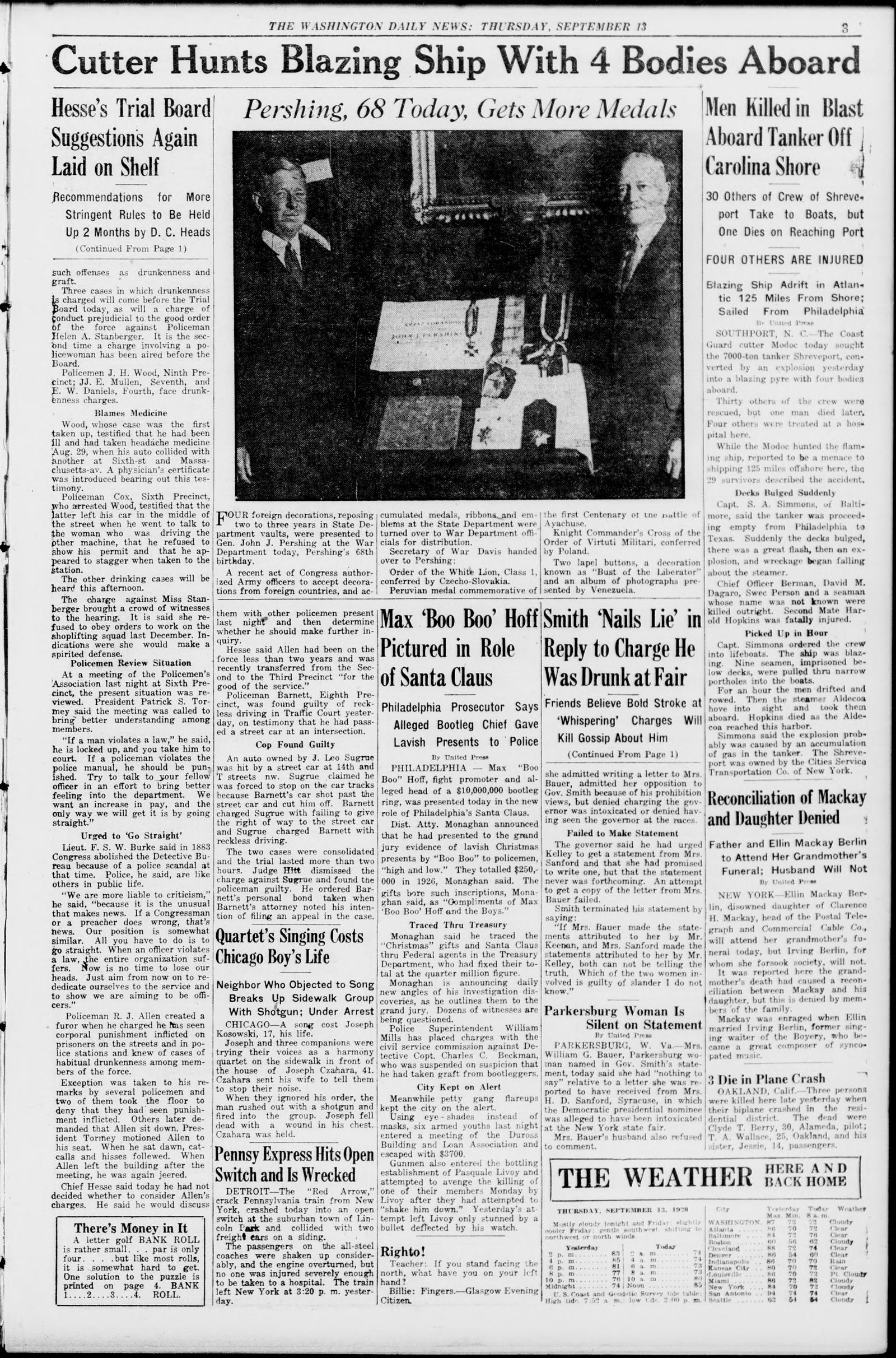 Page 3 of the Washington Daily News, 13 September 1928, headed "Cutter hunts blazing ship with 4 bodies aboard," with a photograph of General Pershing at center