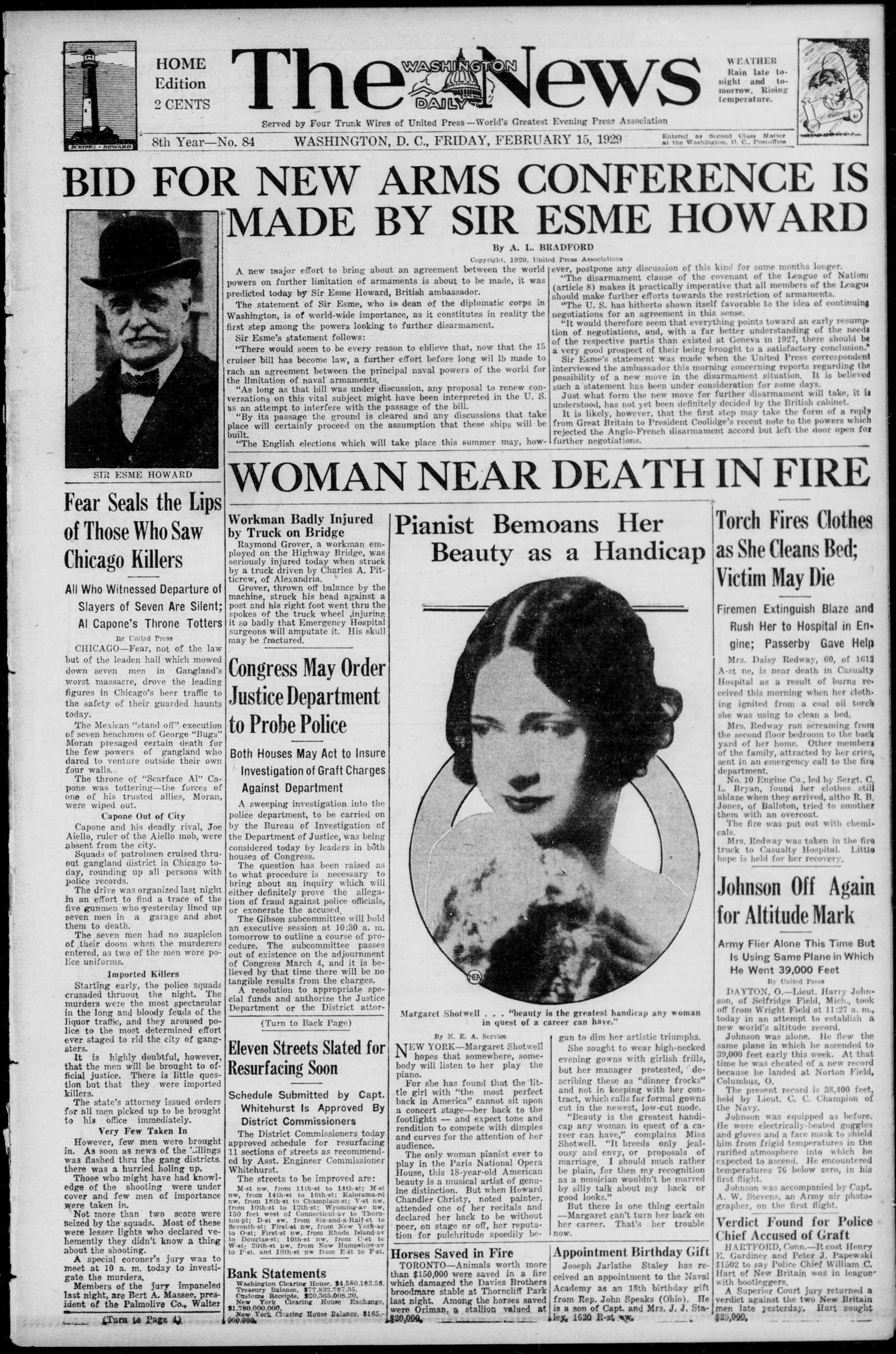 Front page of the Washington Daily News, Washington, D.C., 15 February 1929