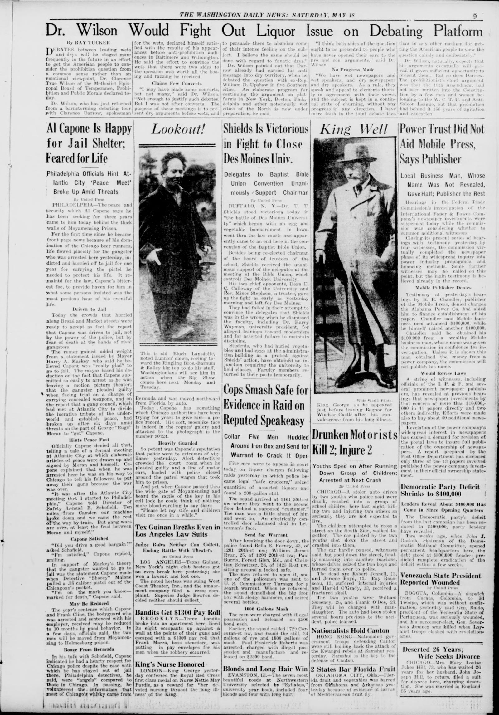 Page 9 of the Washington Daily News, 18 May 1929, with a photograph of a man and a "Lookout!" picture panel beside the Capone story