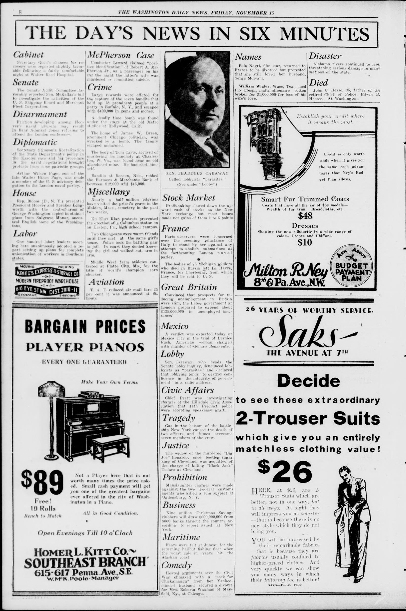 Page 8 of the Washington Daily News, 15 November 1929, headed The Day's News in Six Minutes, with short entries under topic headings and a photograph of Senator Thaddeus Caraway