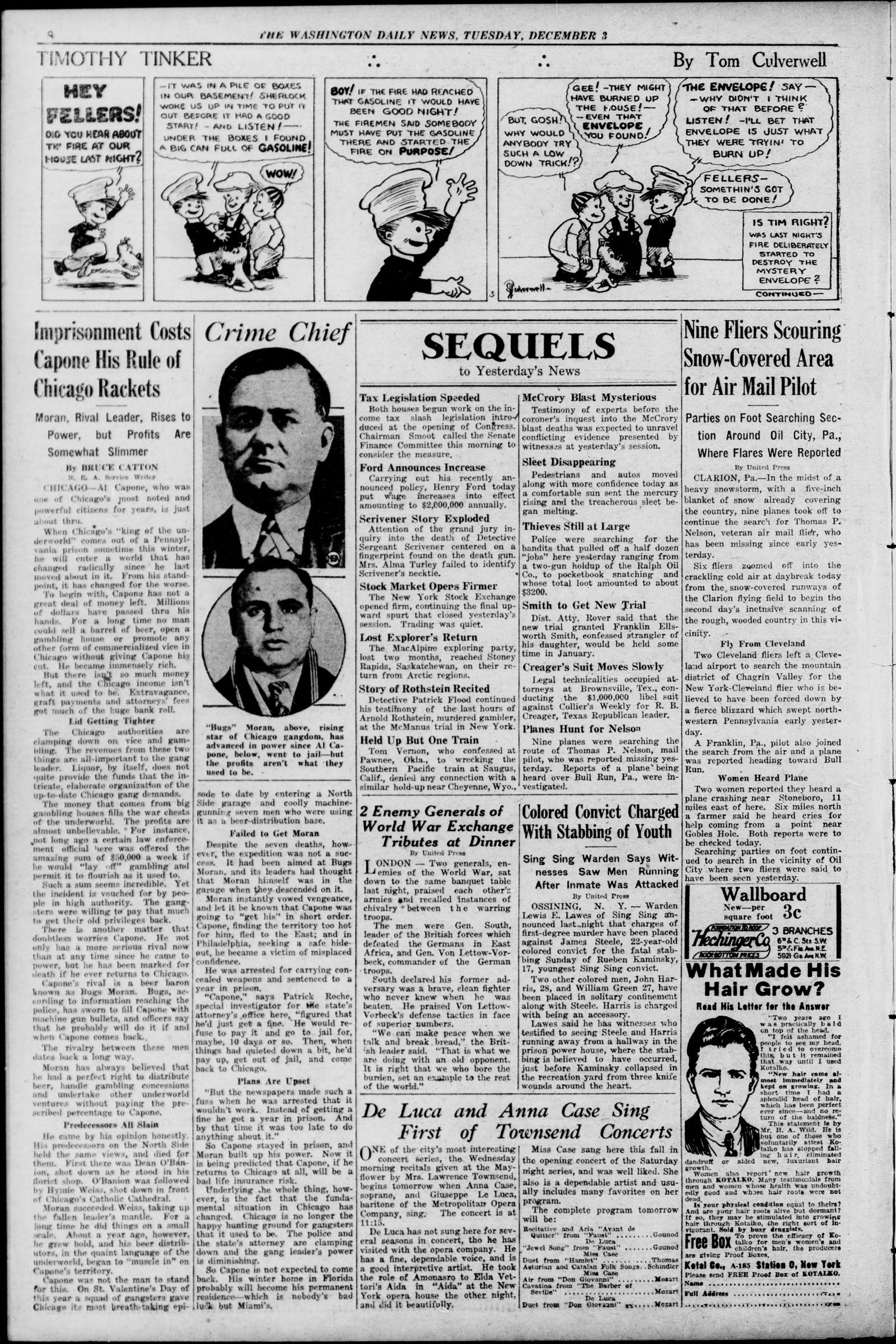 Page 8 of the Washington Daily News, December 3, 1929: a comic strip across the top, and below it at left the feature on Capone and Moran beside a box headed Crime Chief with two photographs