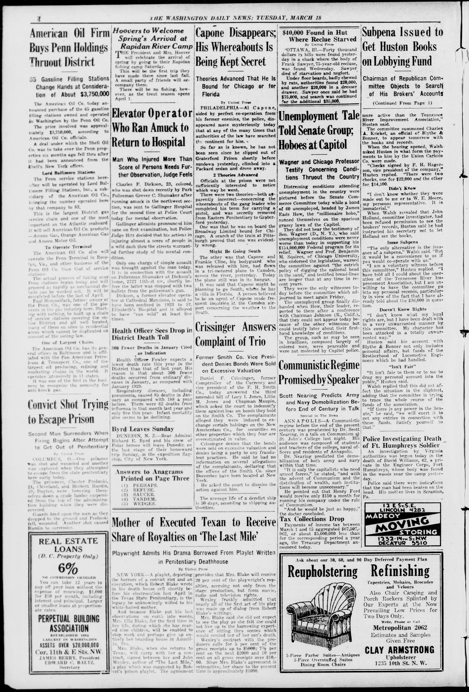 Page 4 of the Washington Daily News, 18 March 1930, a page of narrow news columns with the Capone story near the top and a reupholstering advertisement at the foot