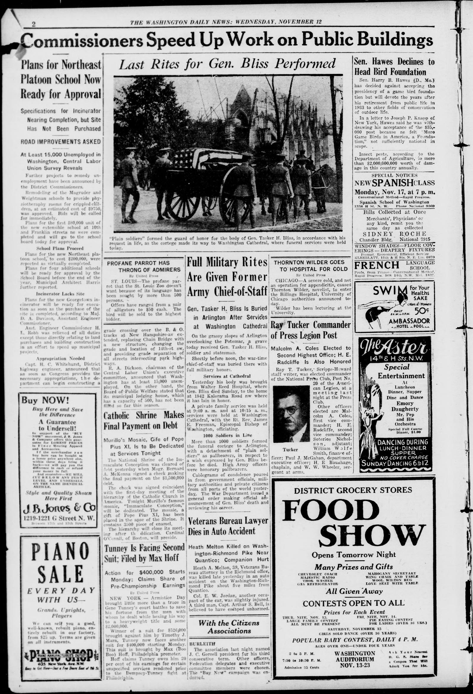 Page 2 of the Washington Daily News, 12 November 1930, headed "Commissioners speed up work on public buildings," with a photograph of a military funeral procession at top