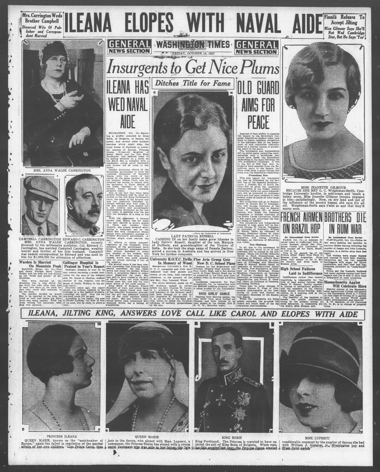 Page 3 of the Washington Times general news section, 14 October 1927, with photographs of Princess Ileana and others, and the short item Brothers Die in Rum War in the right-hand column