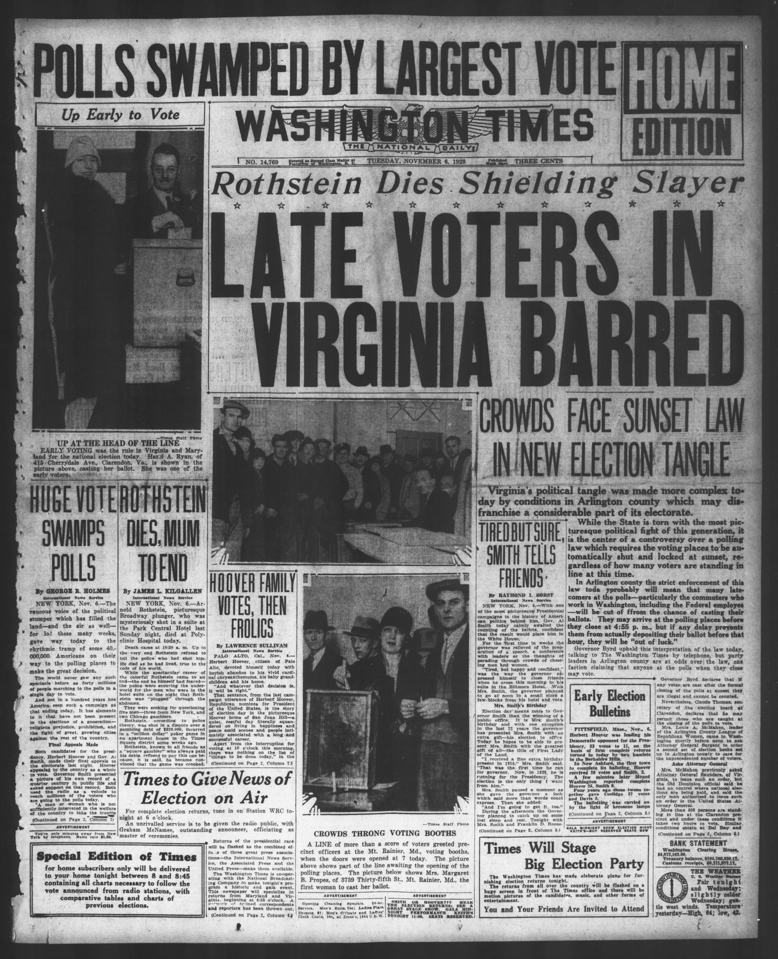 Front page of the Washington Times, Washington, D.C., 6 November 1928