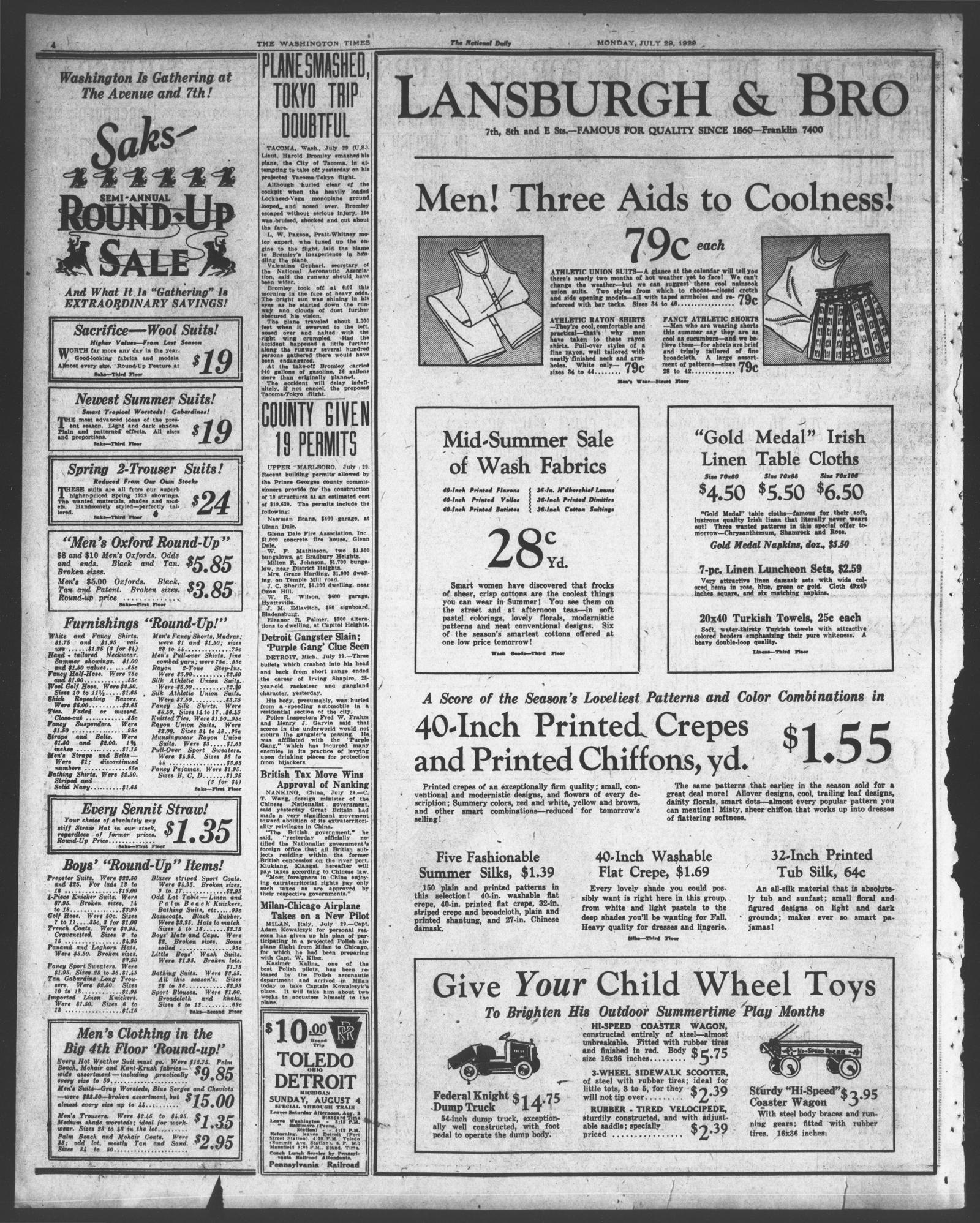 Page 4 of the Washington Times, 29 July 1929, mostly department store advertising, with a narrow news column at left containing the item Detroit Gangster Slain