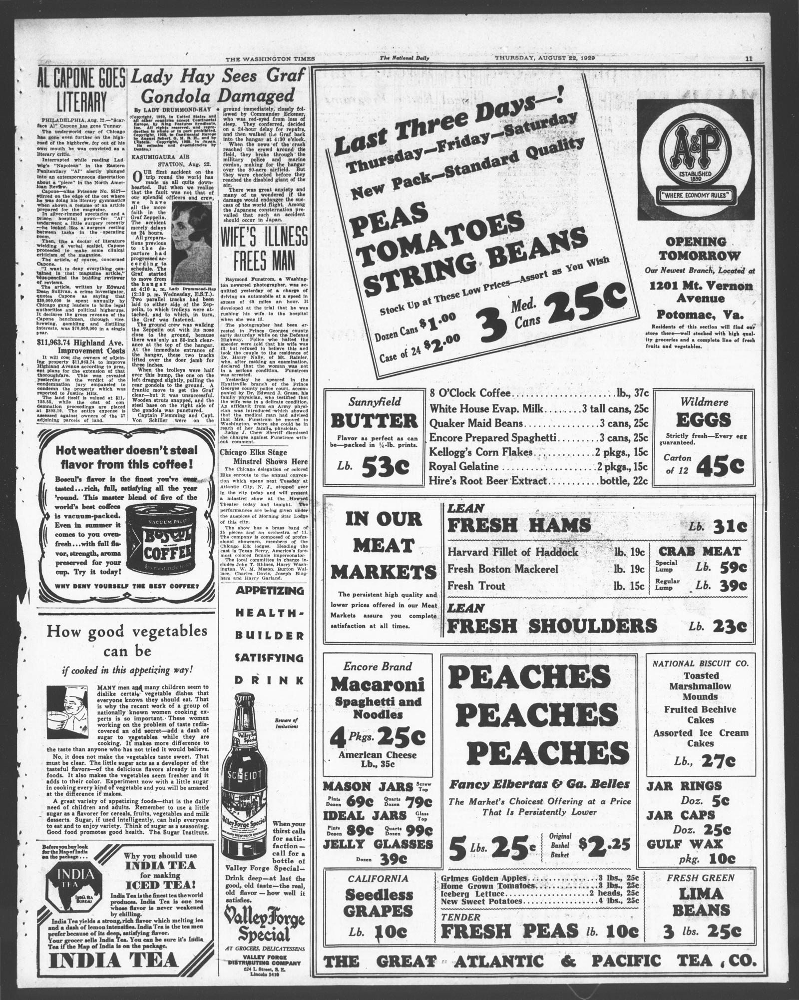 Page 11 of the Washington Times, 22 August 1929, with a short Capone item at upper left and a full-width grocery advertisement for peas, peaches and butter