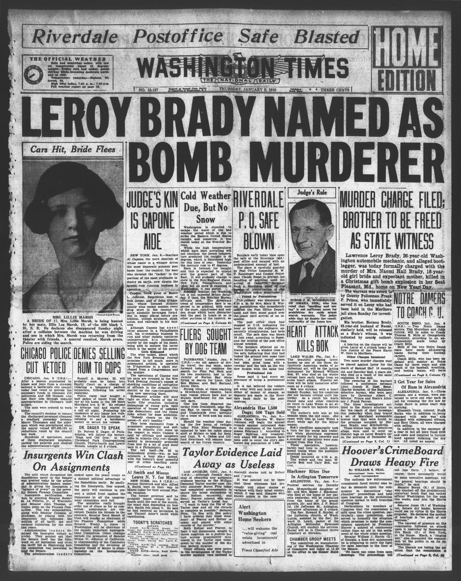 Front page of the Washington Times, 9 January 1930, under the banner Leroy Brady Named as Bomb Murderer; a narrow column headed Judge's Kin Is Capone Aide runs at left center beside a photograph of a young woman.