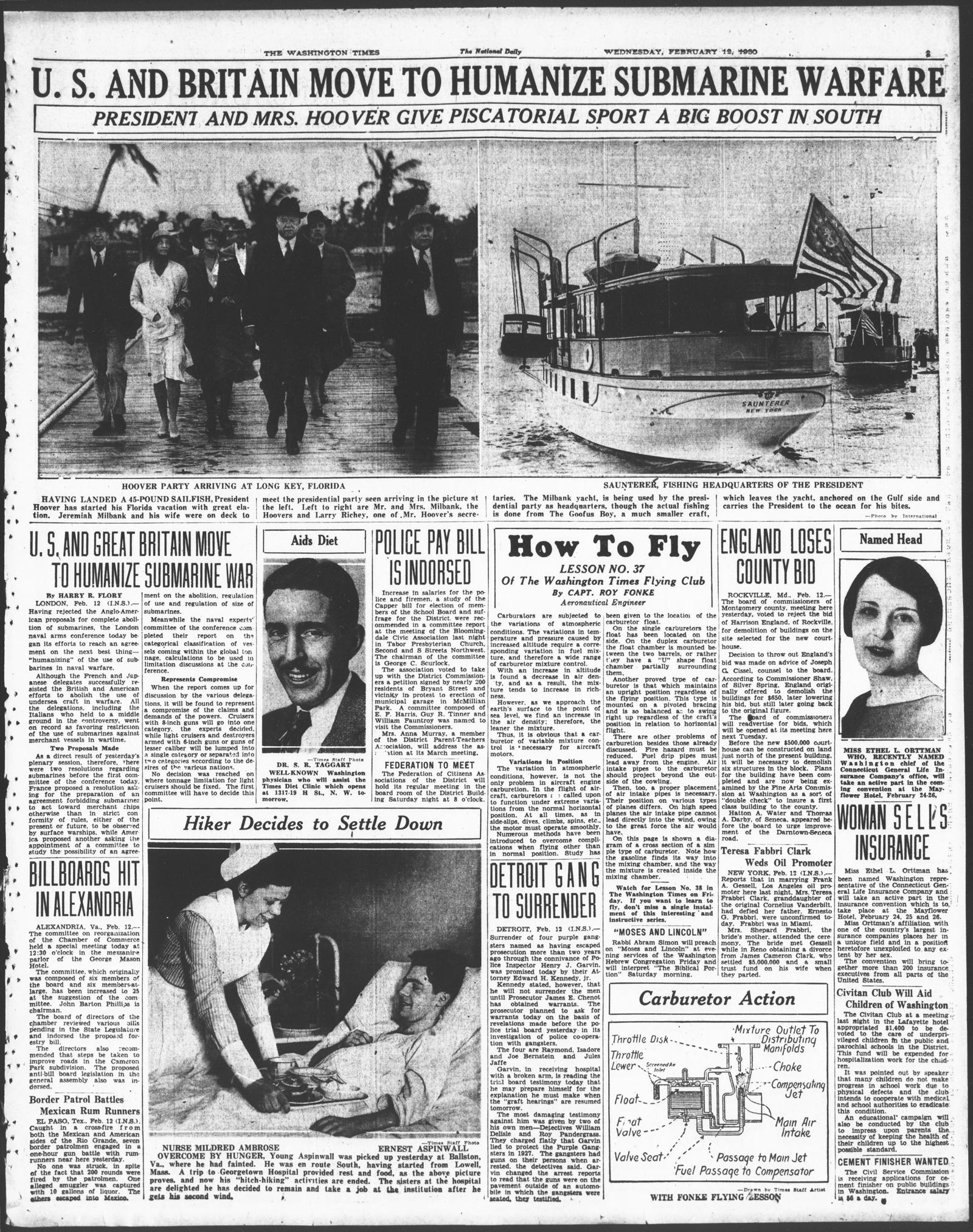 Page 3 of the Washington Times, 12 February 1930, with photographs of President Hoover in Florida across the top and the item Detroit Gang to Surrender in a lower column