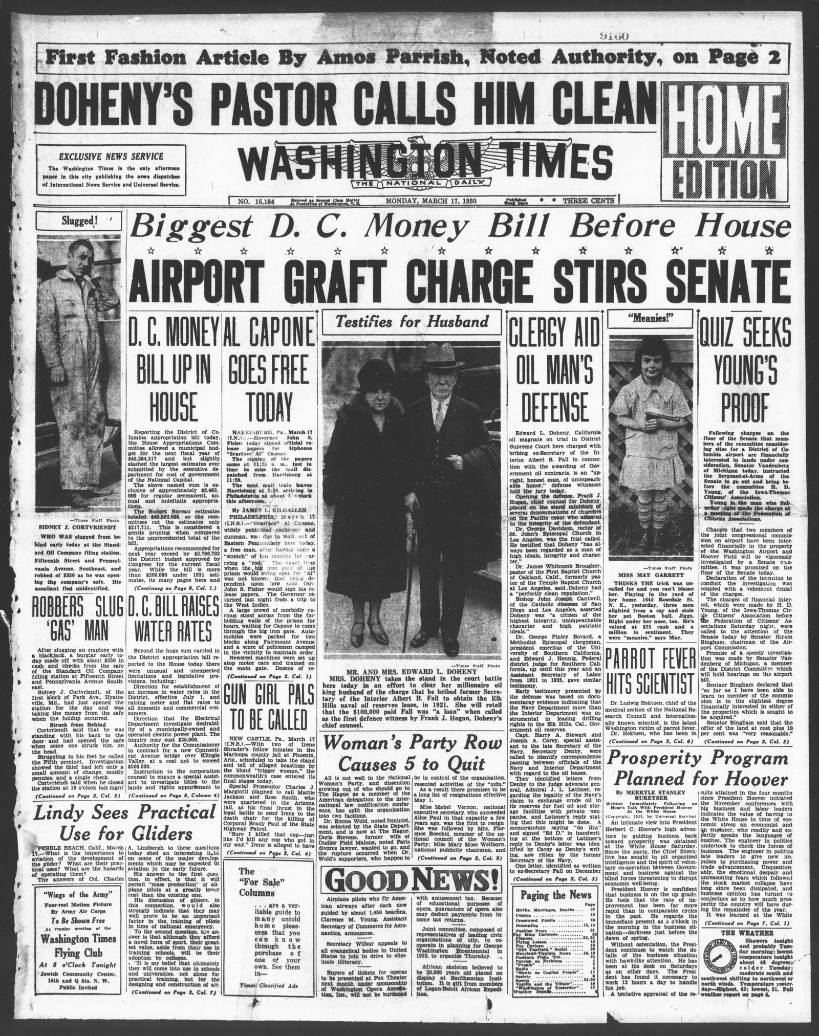 Front page of the Washington Times, Home Edition, 17 March 1930, with the banner "Airport graft charge stirs Senate" and a column headed "Al Capone goes free today"
