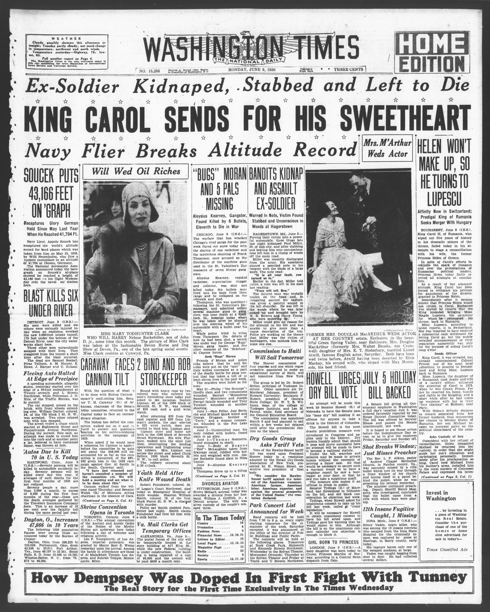 Front page of the Washington Times, Home Edition, Monday, June 9, 1930; the Moran story is in the third column under the headline Bugs Moran and 5 Pals Missing