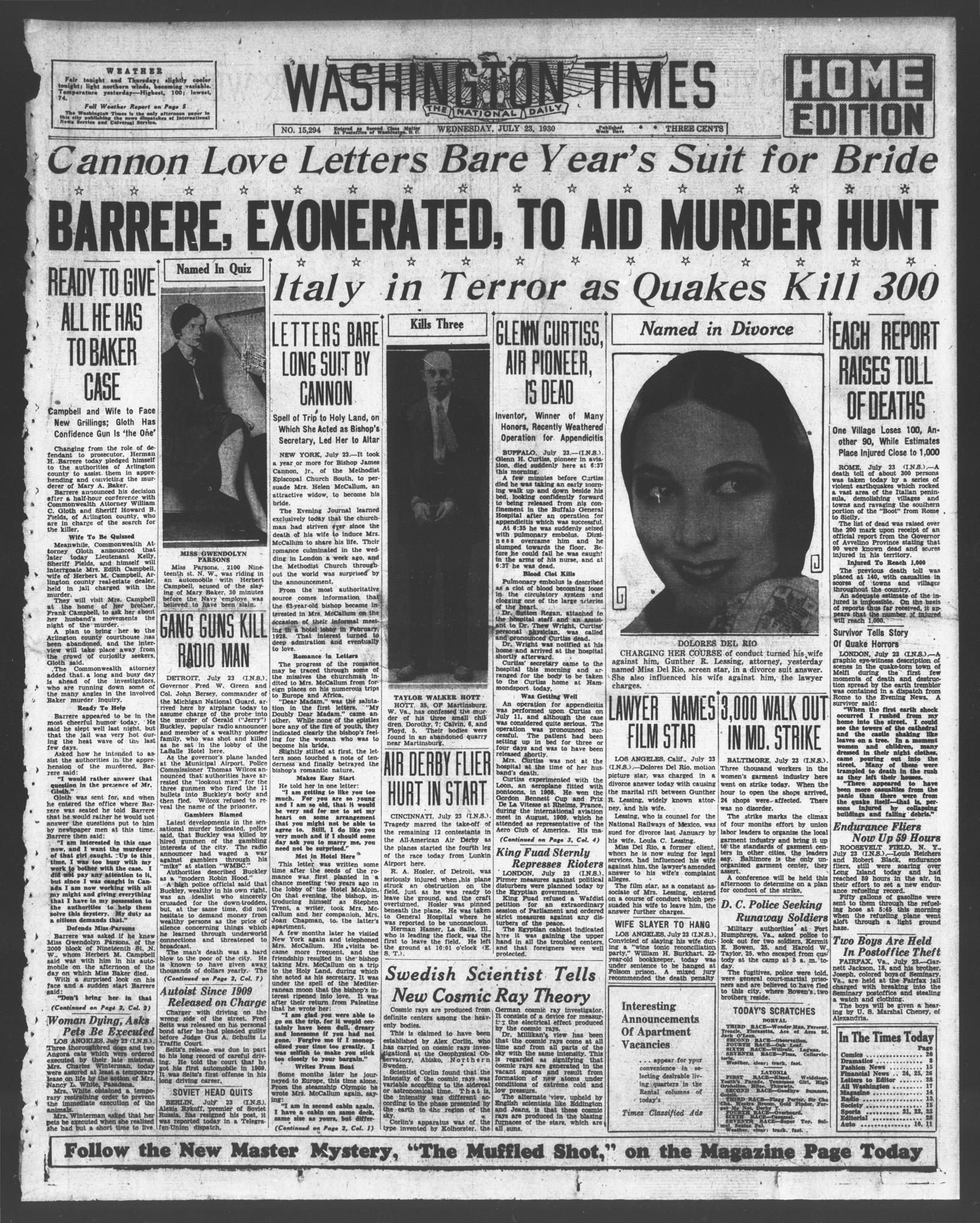 Front page of the Washington Times, 23 July 1930, home edition, with the item Gang Guns Kill Radio Man in the left-center column