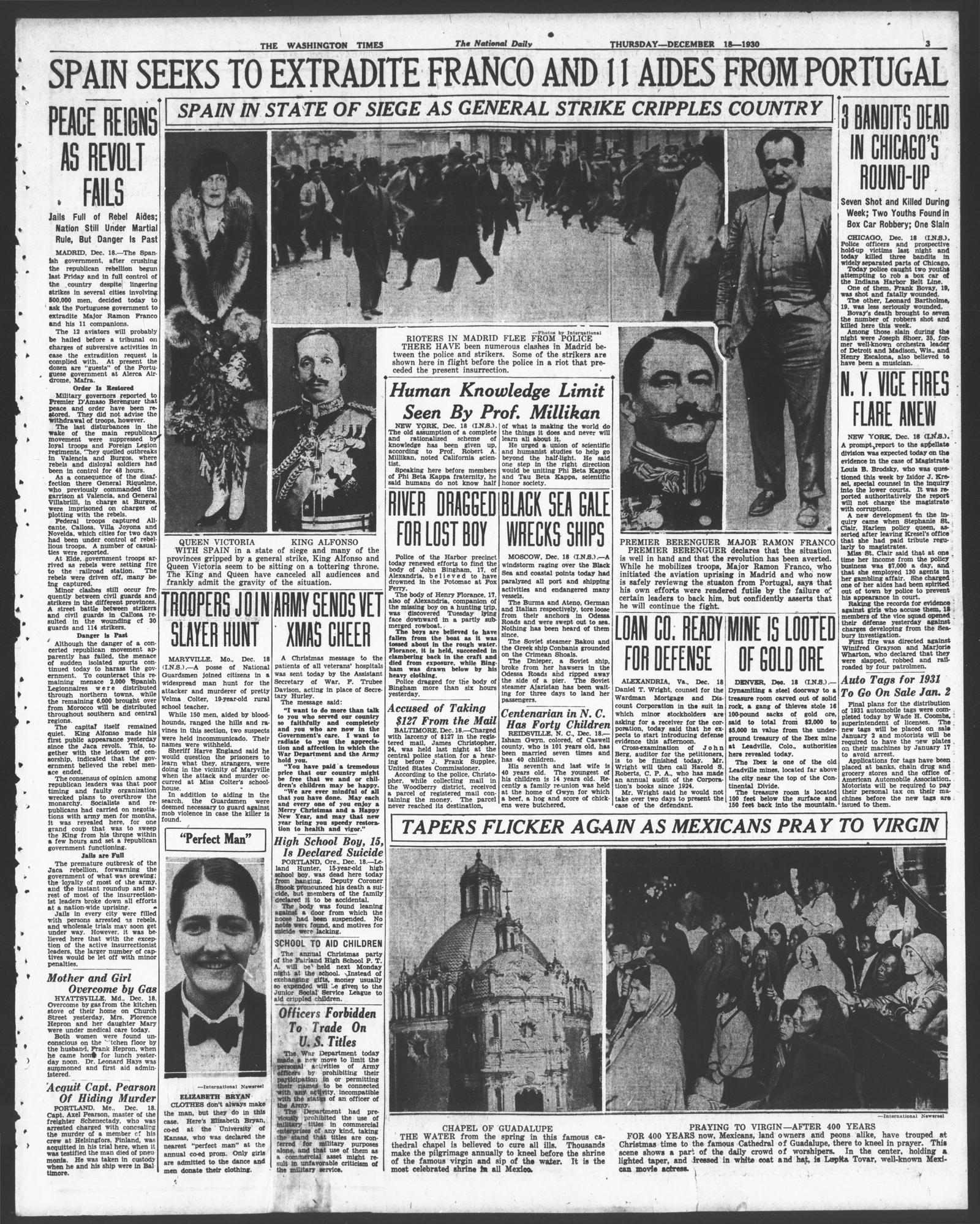 Page 3 of The Washington Times, Thursday, 18 December 1930, headed Spain Seeks to Extradite Franco and 11 Aides from Portugal; the item N. Y. Vice Fires Flare Anew is in the right-hand column below 3 Bandits Dead in Chicago's Round-Up