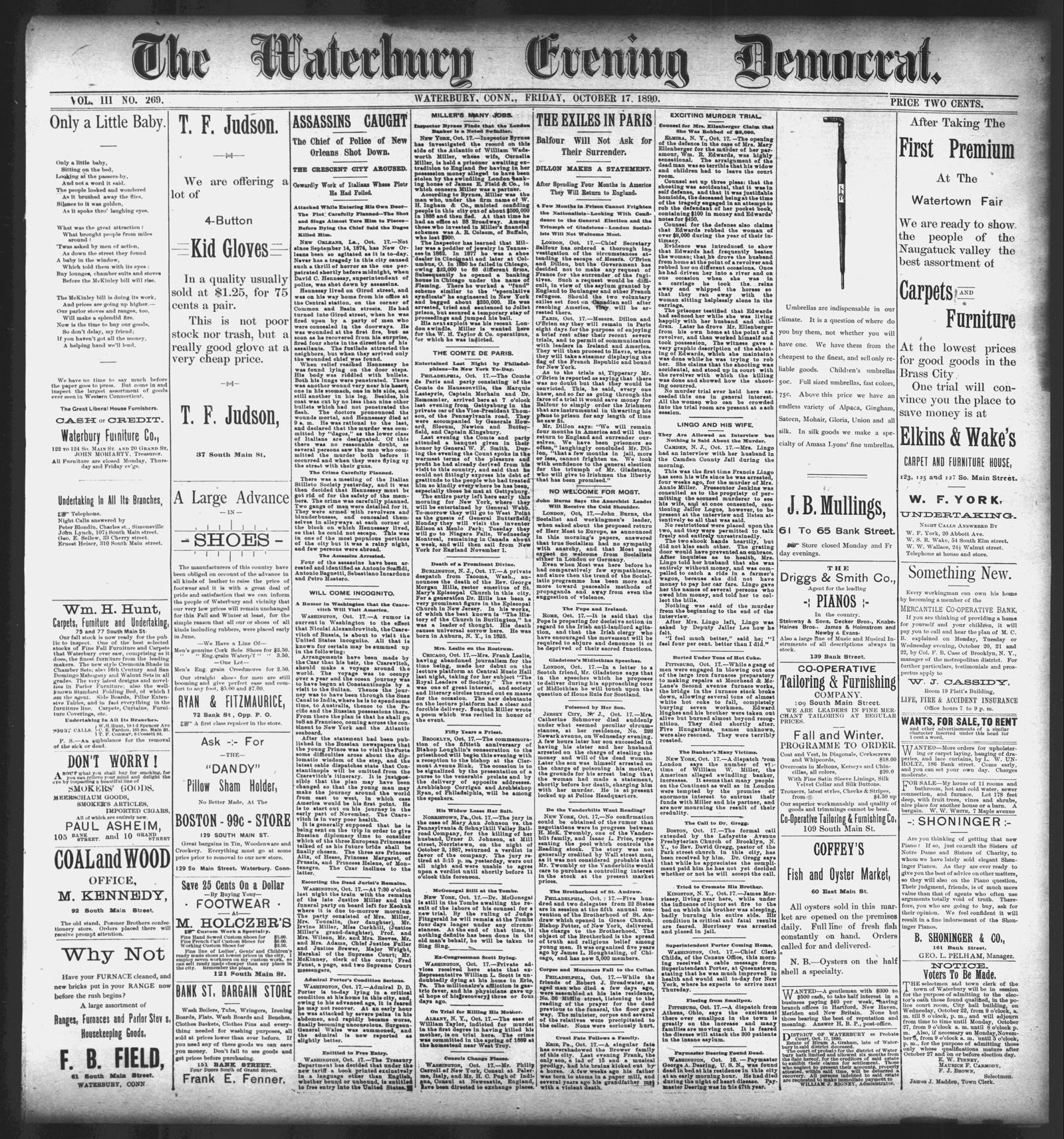 Front page of the Waterbury Evening Democrat, Waterbury, Connecticut, 17 October 1890