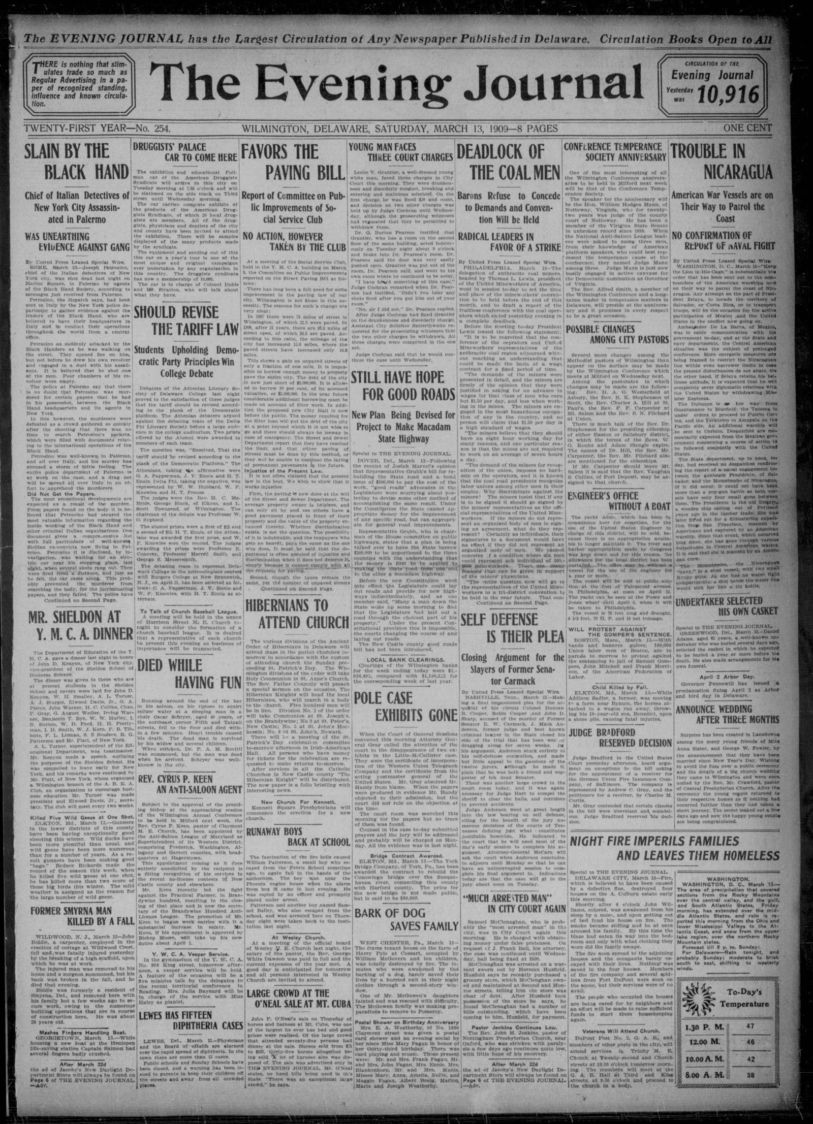 Front page of the Wilmington Evening Journal, Wilmington, Delaware, 13 March 1909