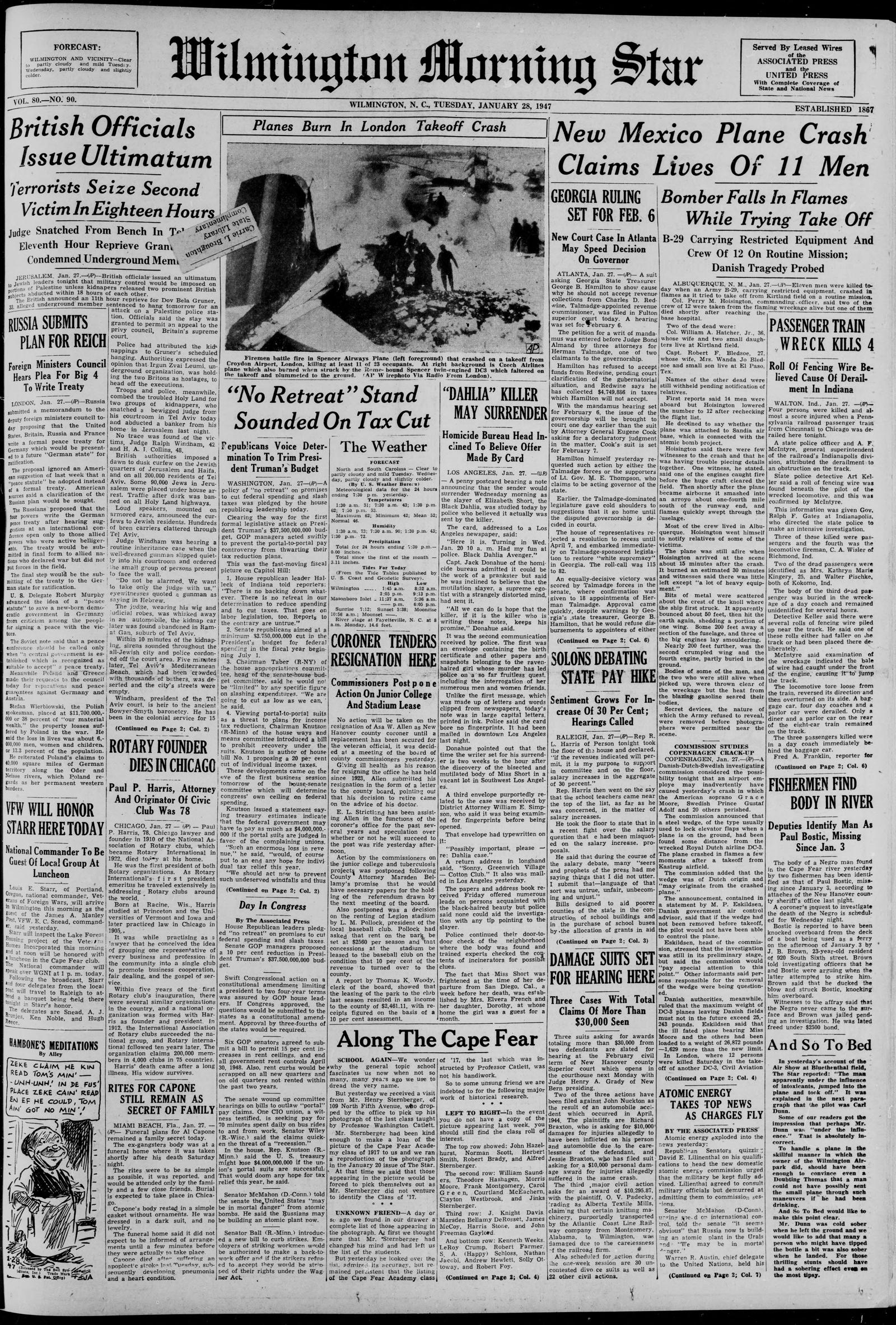 Front page of The Wilmington Morning Star, Wilmington, North Carolina, 28 January 1947