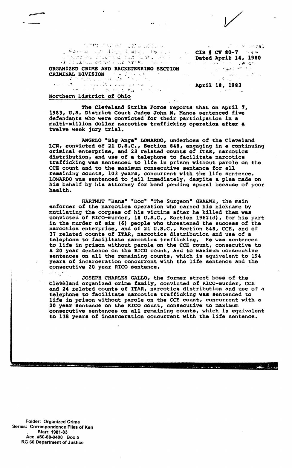 Typed Organized Crime and Racketeering Section report dated April 18, 1983, Northern District of Ohio, on the sentencing of Angelo Lonardo and others