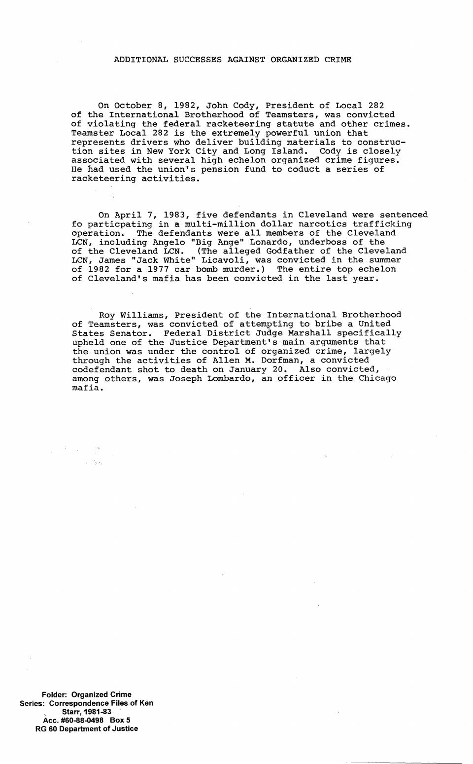 Typed page headed Additional Successes Against Organized Crime, with a paragraph on the April 7, 1983 Cleveland sentencings