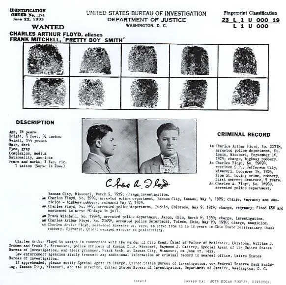 Identification Order No. 1194 for Charles Arthur Floyd: ten fingerprints across the top, profile and front photographs with a signature, a description at left and a criminal record at right.
