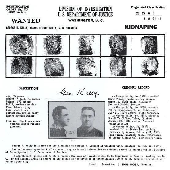 Identification Order No. 1203 headed WANTED and KIDNAPING for George R. Kelly, with ten fingerprints, profile and front photographs, a signature, description and criminal record.