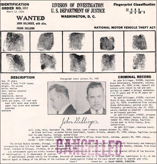 Identification Order No. 1217 for John Dillinger under the National Motor Vehicle Theft Act, with fingerprints, two photographs, description, criminal record, and a large CANCELLED stamp at lower right.
