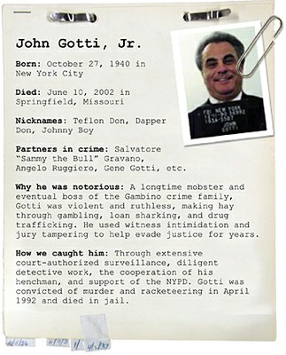 Criminal Profile of John Gotti: an FBI graphic styled as a typed file card (born, died, nicknames, why he was notorious, how we caught him) with a clipped booking photograph whose placard reads "FBI New York".