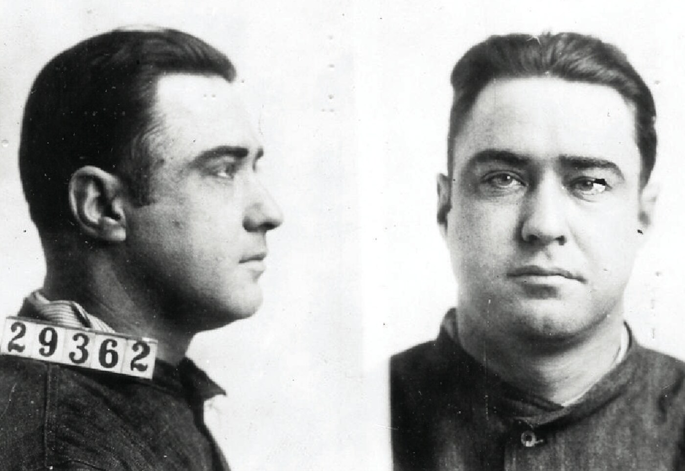 Two black-and-white identification photographs of George Kelly, a profile at left with a placard reading 29362 and a front view at right.