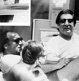 Special Agent Joe Pistone (left, in sunglasses) sitting with Sonny Black (Dominick Napolitano, right); between them, seen from behind, is the unidentified woman named in the FBI caption.