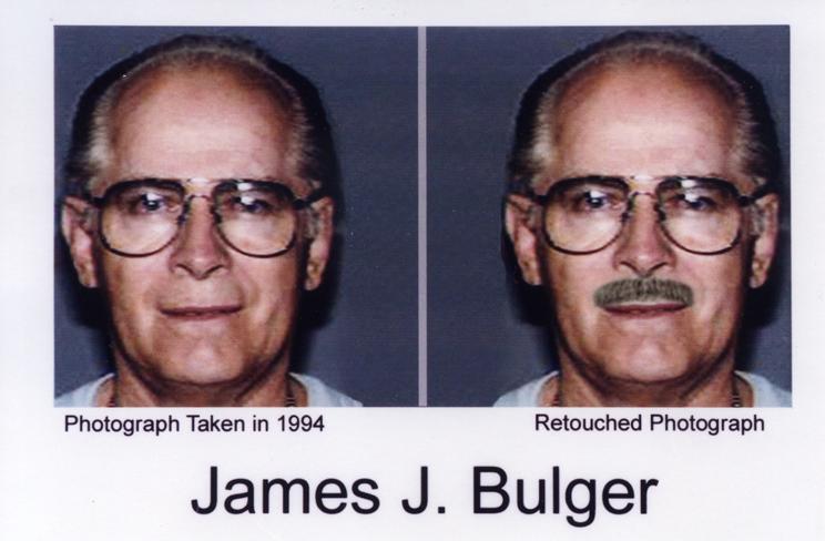 James J. Bulger: two head-and-shoulders color photographs side by side, labelled "Photograph Taken in 1994" and "Retouched Photograph"; the retouched copy adds a moustache.