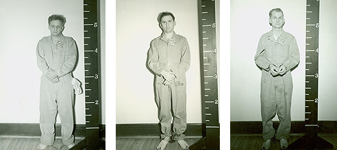 Roger Touhy, Edward Darlak, and Basil Banghart: three full-length photographs of men in coveralls standing beside height scales. The FBI caption does not say which man is which.