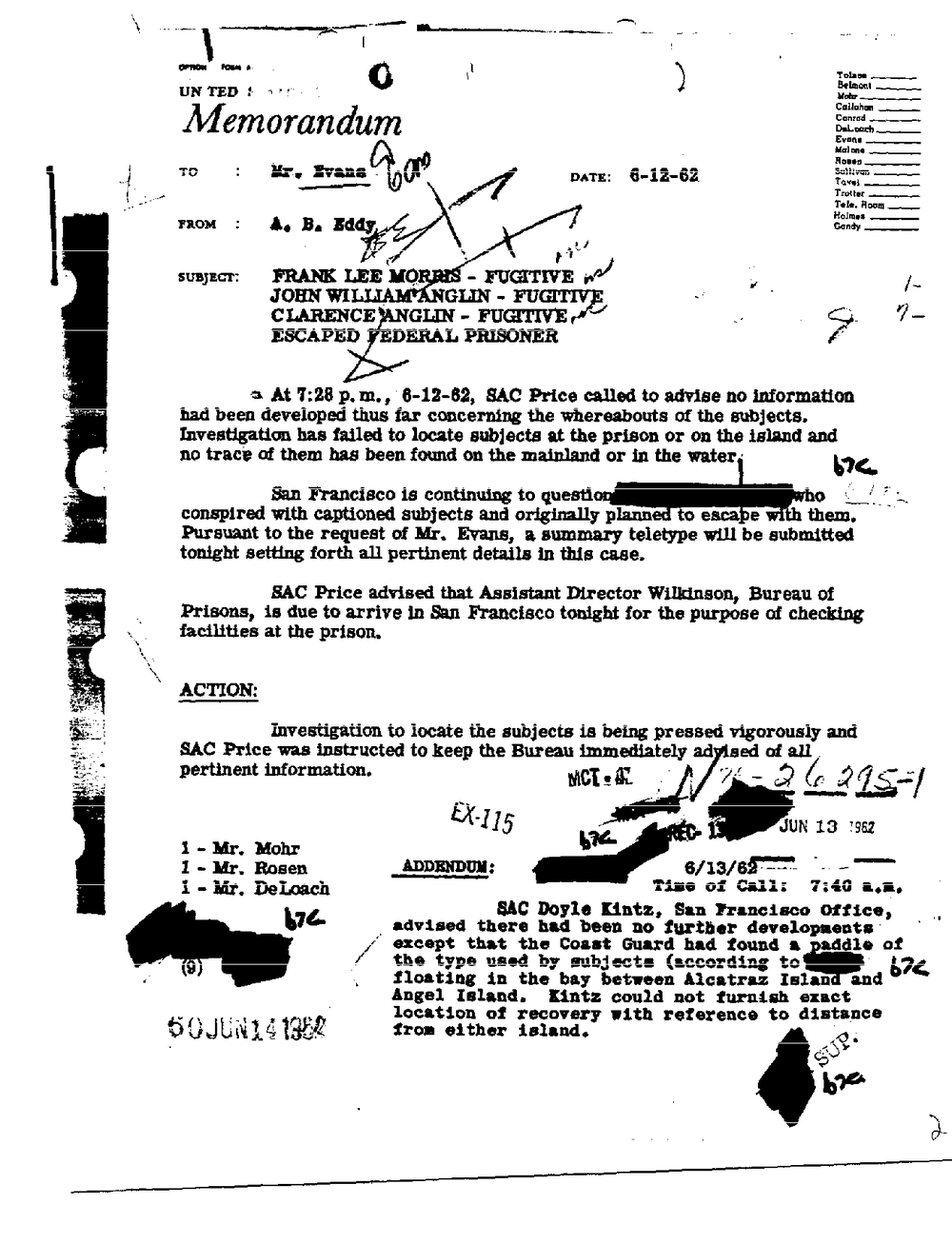 Typed FBI memorandum dated 6-12-62 from A. B. Eddy to Mr. Evans on three men described as escaped federal prisoners, with a black redaction block, handwritten marks and a June 13, 1962 addendum at the foot.