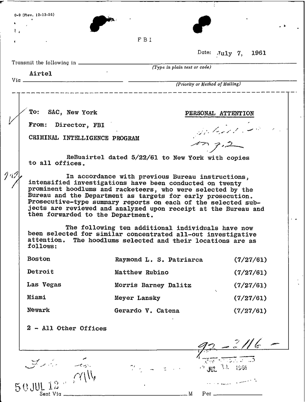 Scan 267 of Part 01 of the FBI Vault's Frank Balistrieri file: an airtel dated July 7, 1961 from the Director, FBI to SAC, New York, headed "Criminal Intelligence Program," listing by city Patriarca, Rubino, Dalitz, Lansky and Catena