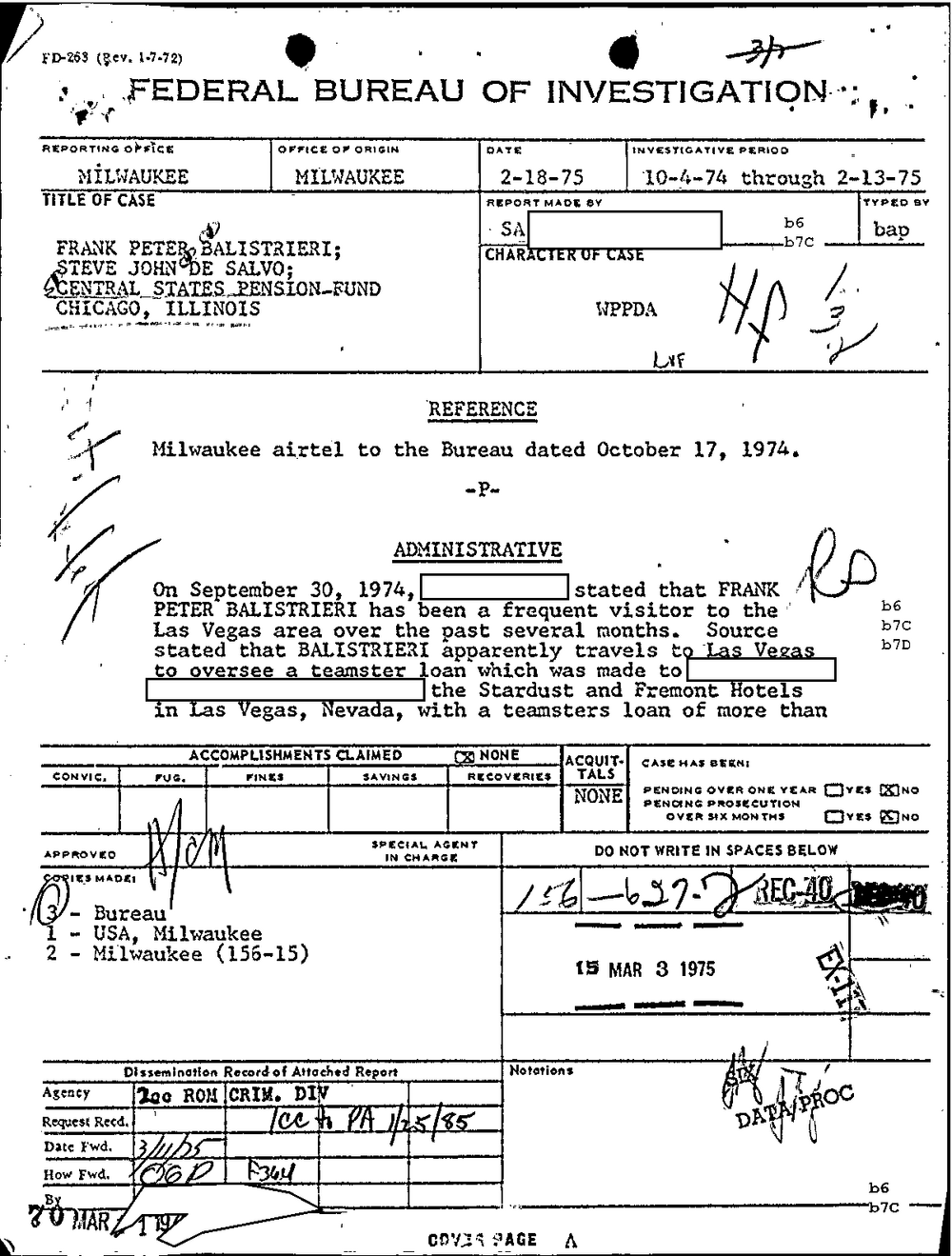 Scan 36 of Part 01 of the FBI Vault's Frank Balistrieri file: cover page of a Milwaukee FD-263 report dated 2-18-75, investigative period 10-4-74 through 2-13-75, titled Frank Peter Balistrieri; Steve John De Salvo; Central States Pension Fund, with the source's name redacted