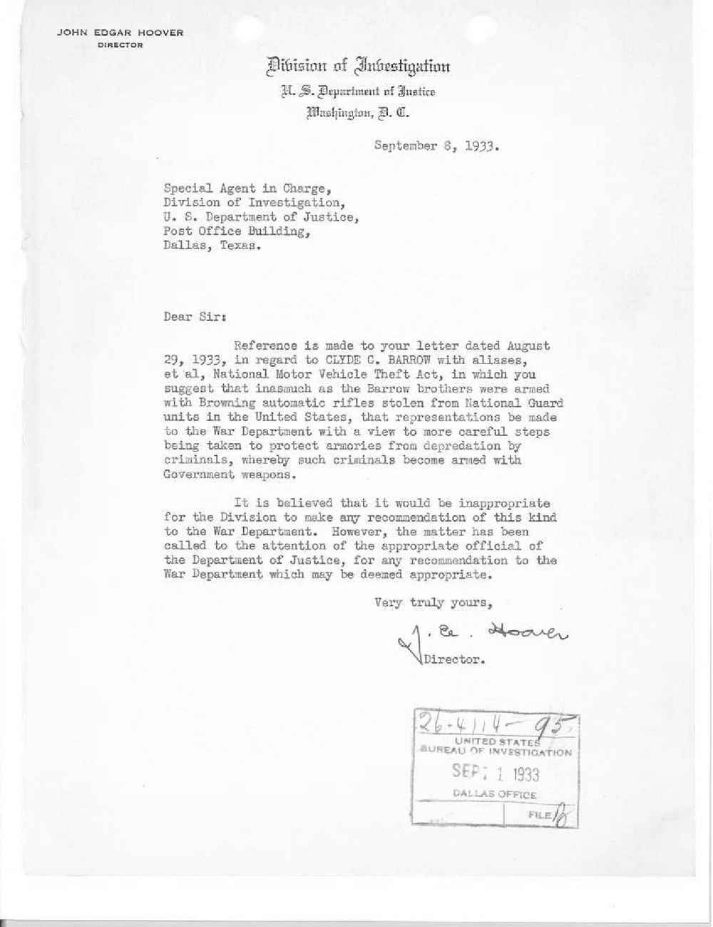 Typed letter from the Director of the Division of Investigation to the Special Agent in Charge at Dallas, dated September 8, 1933.