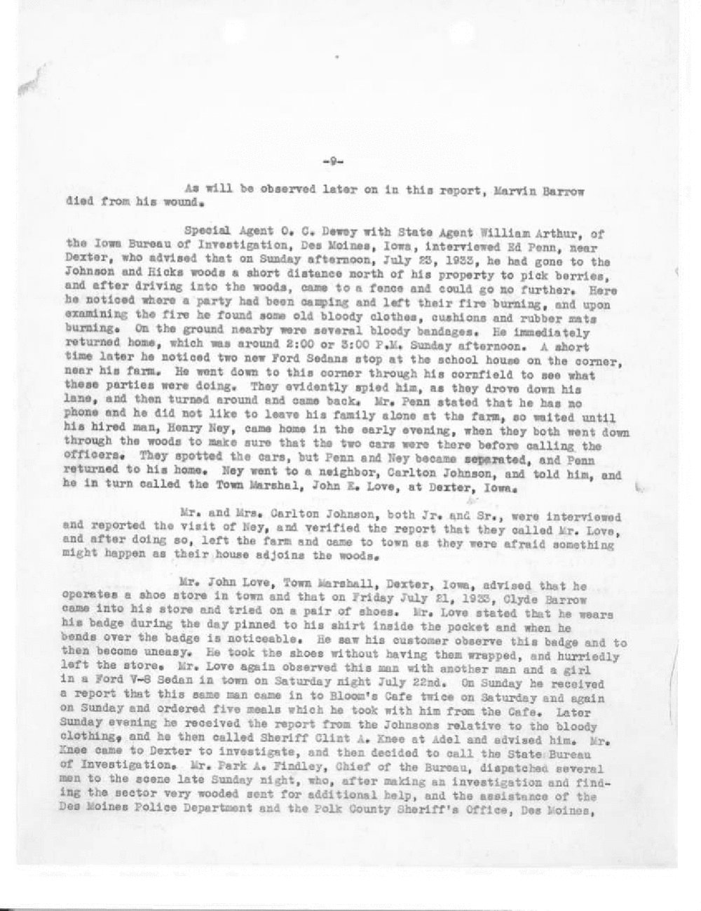 Typed report page numbered 9 beginning with the sentence that Marvin Barrow died from his wound, followed by interviews near Dexter, Iowa.