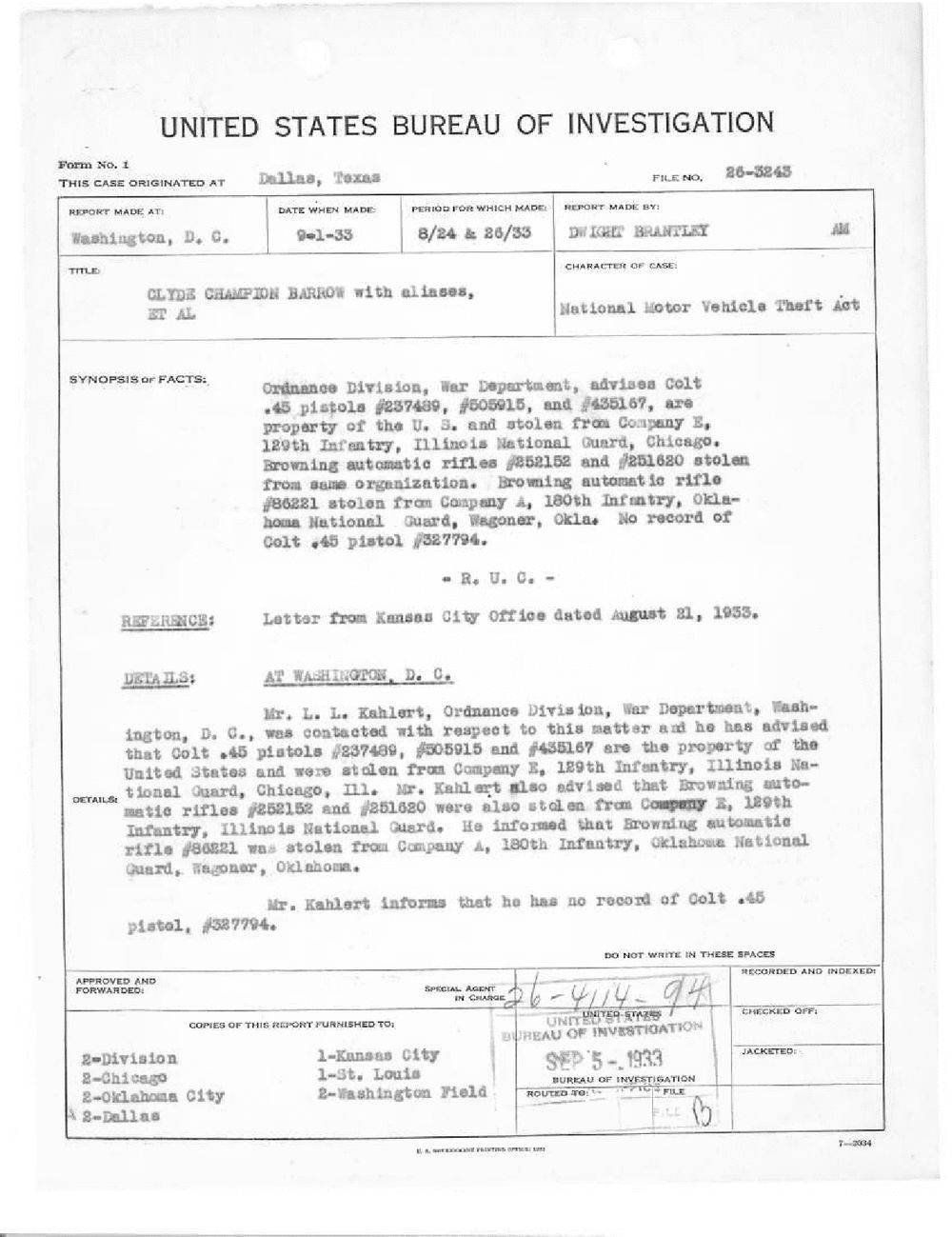 Typed Form No. 1 investigative report dated September 1, 1933, listing pistol and rifle serial numbers.