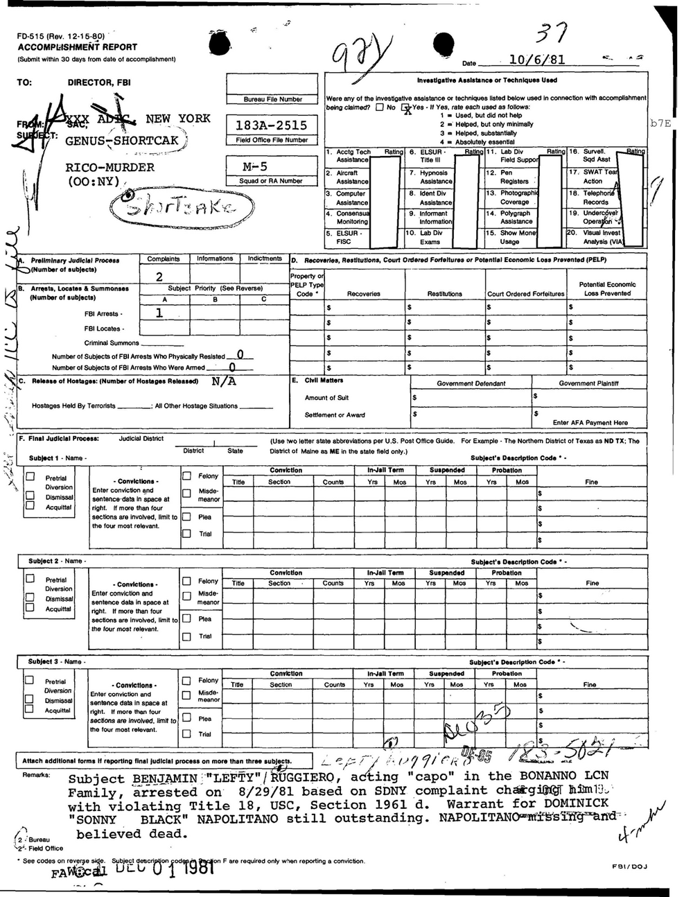 Viewer page 361 of Part 01 of the FBI Vault's Operation Donnie Brasco file: an FD-515 accomplishment report dated 10/6/81 from New York, field office file 183A-2515, subject Genus-Shortcake, RICO-Murder, with typed remarks on Ruggiero's arrest and Napolitano's outstanding warrant