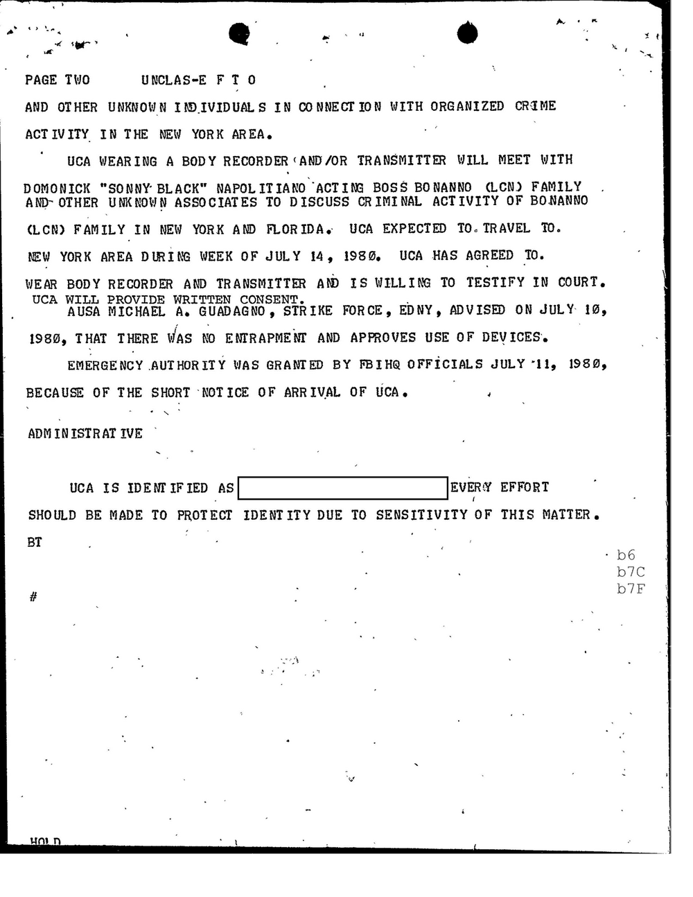 Viewer page 12 of Part 01 of the FBI Vault's Operation Donnie Brasco file: page two of a teletype stating that the UCA wearing a body recorder and/or transmitter will meet with Domonick "Sonny Black" Napolitiano, acting boss, Bonanno (LCN) family, with the agent's identity redacted