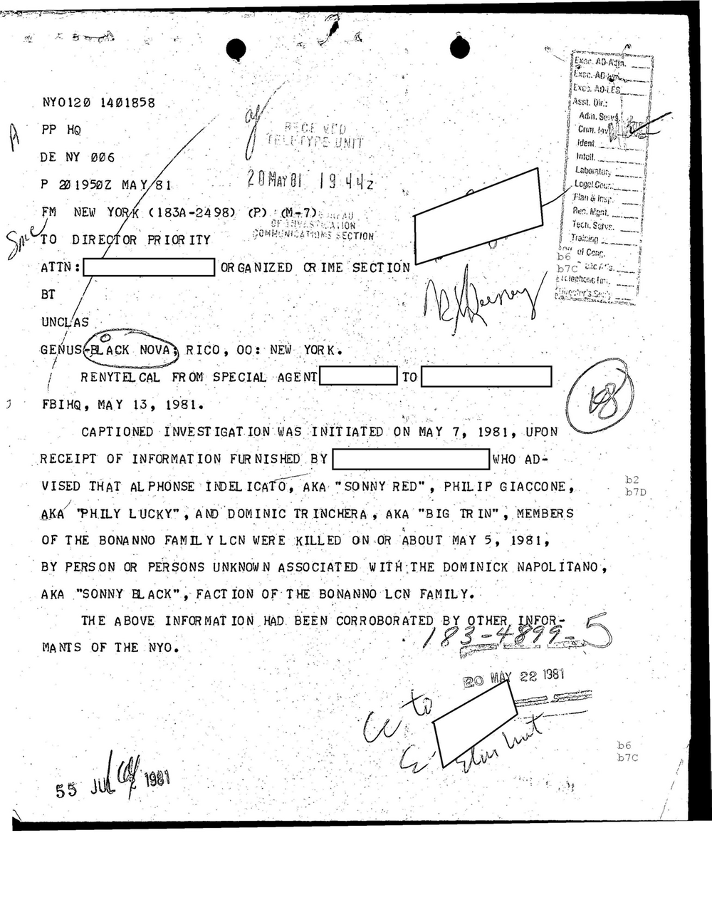 Viewer page 133 of Part 01 of the FBI Vault's Operation Donnie Brasco file: a priority teletype of May 20, 1981 from New York (183A-2498) to the Director, captioned Genus-Black Nova, reporting that Alphonse Indelicato, Philip Giaccone and Dominic Trinchera were killed on or about May 5, 1981, with the informant's name redacted
