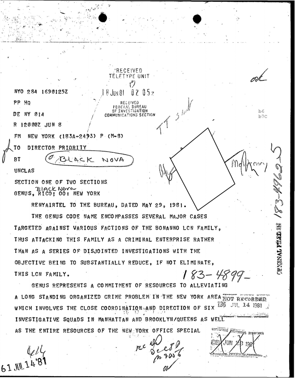 Viewer page 148 of Part 01 of the FBI Vault's Operation Donnie Brasco file: section one of a June 1981 teletype from New York to the Director, captioned Genus, RICO, with "Black Nova" written in by hand, explaining that the GENUS code name covers several cases against factions of the Bonanno LCN family